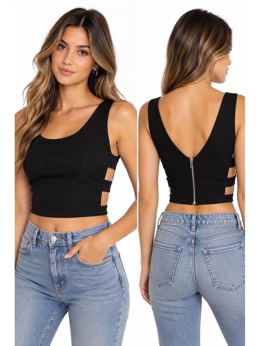One Clothing Black Caged Cutout Crop Top S Y2K Edgy Festival Clubwear Zip Back